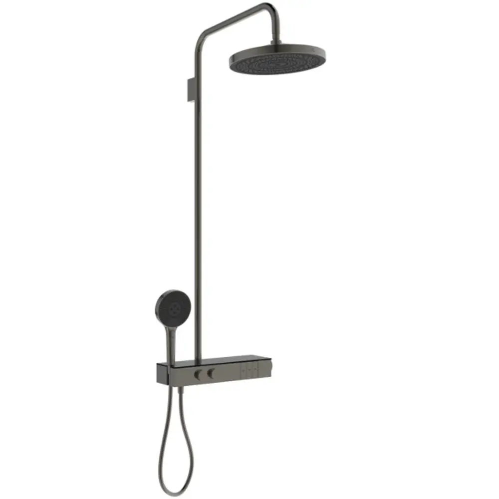 Duschsystem mit Brausethermostat in grauer Farbe, bestehend aus einer overhead Brause und einer Handbrause, angeboten von Ideal Standard.